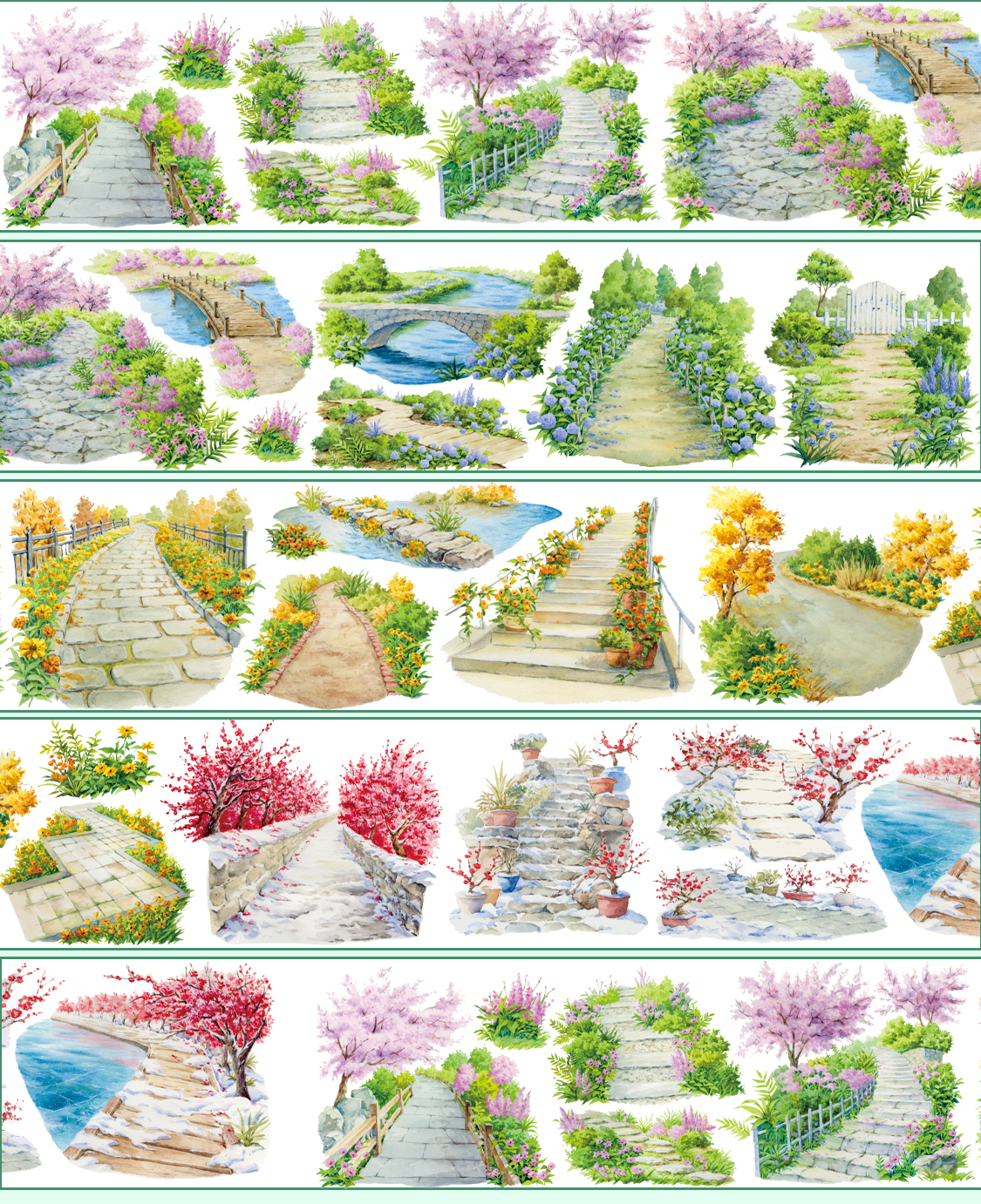 【XT】Four Seasons Flower Path Landscape Tape for journaling and scrapbooking
