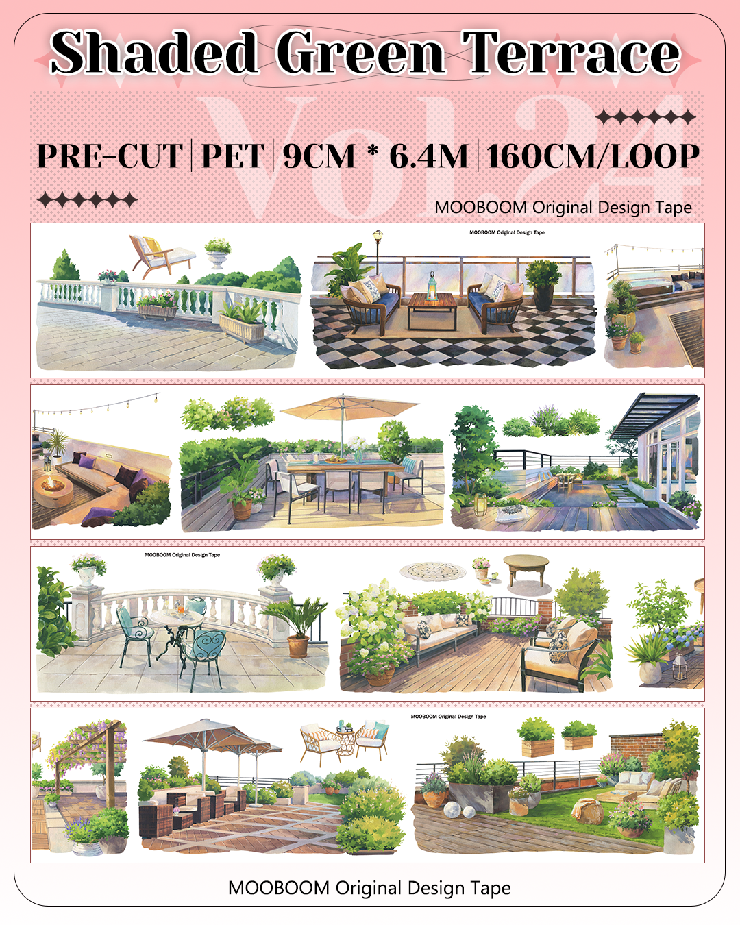 Close-up of green terrace landscape PET tape with detailed scenery design