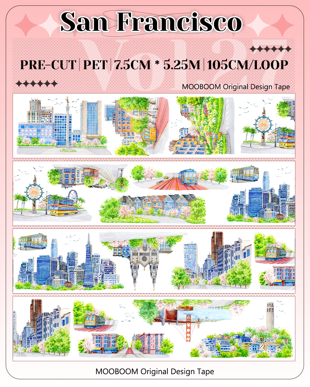 Pre-cut PET landscape tape featuring San Francisco city views for scrapbook layouts