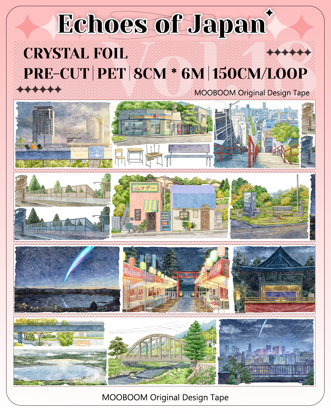 【MOOBOOM】Echoes of Japan City View Pre-cut Crystal Foil PET Tape
