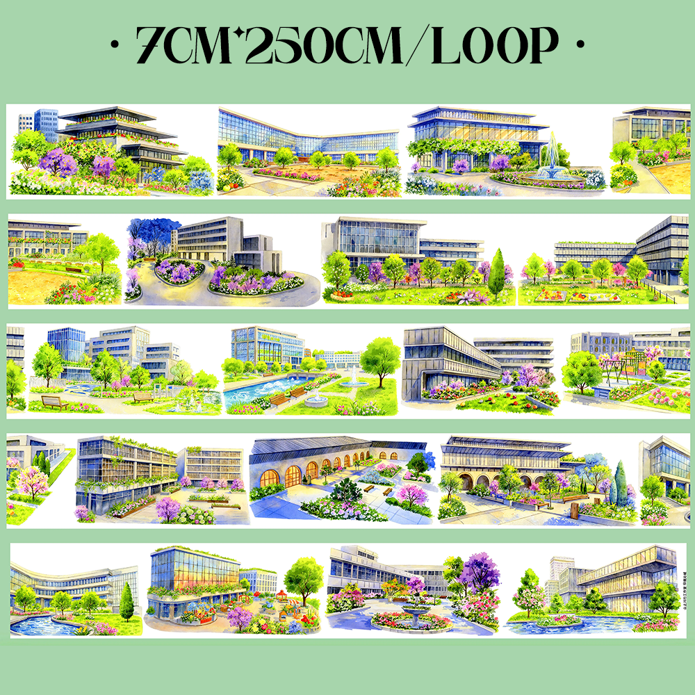 【SZCX】Green Cityscape Landscape PET Tape For Scrapbooking and Journaling