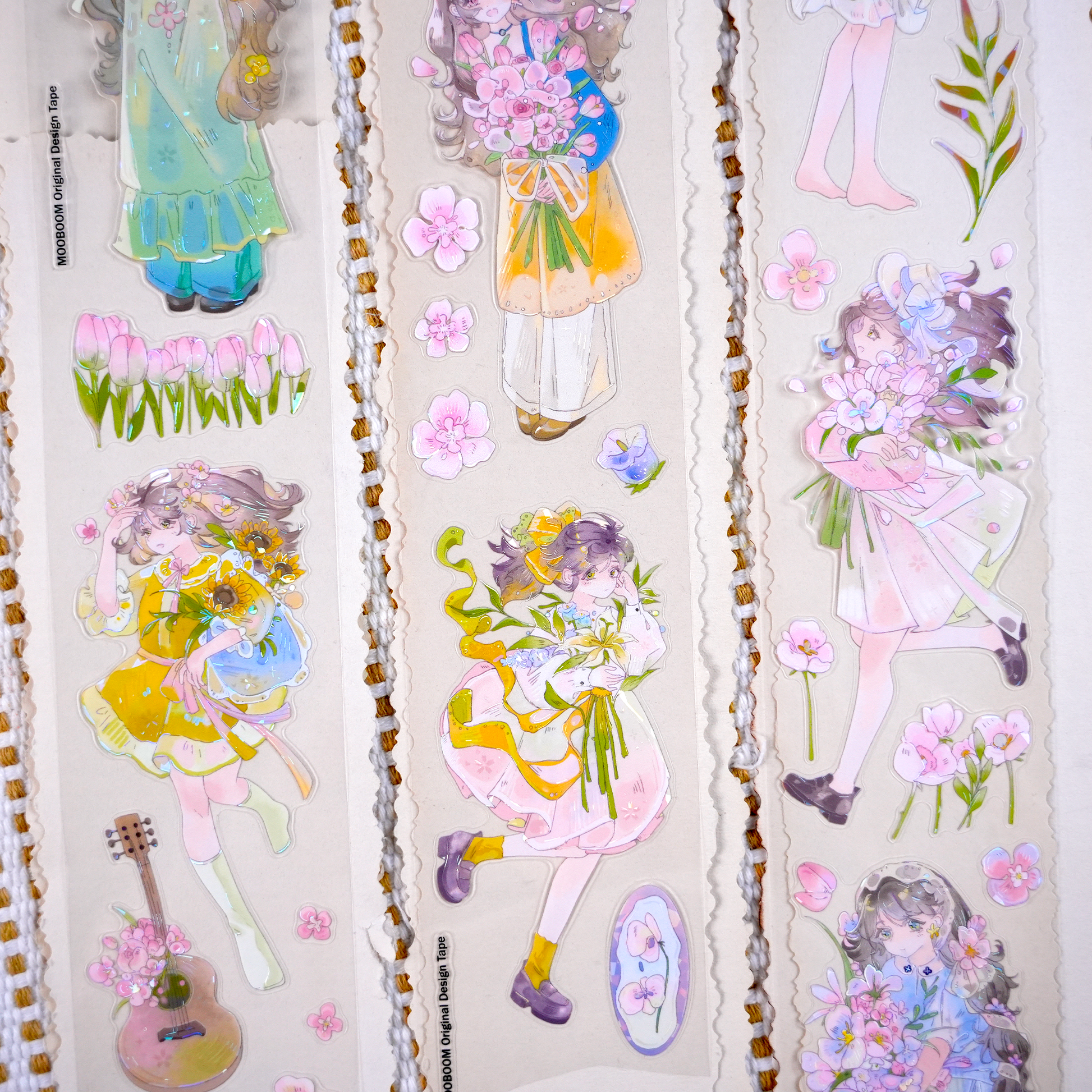 Romantic bouquet girl tape applied to planner page with floral details