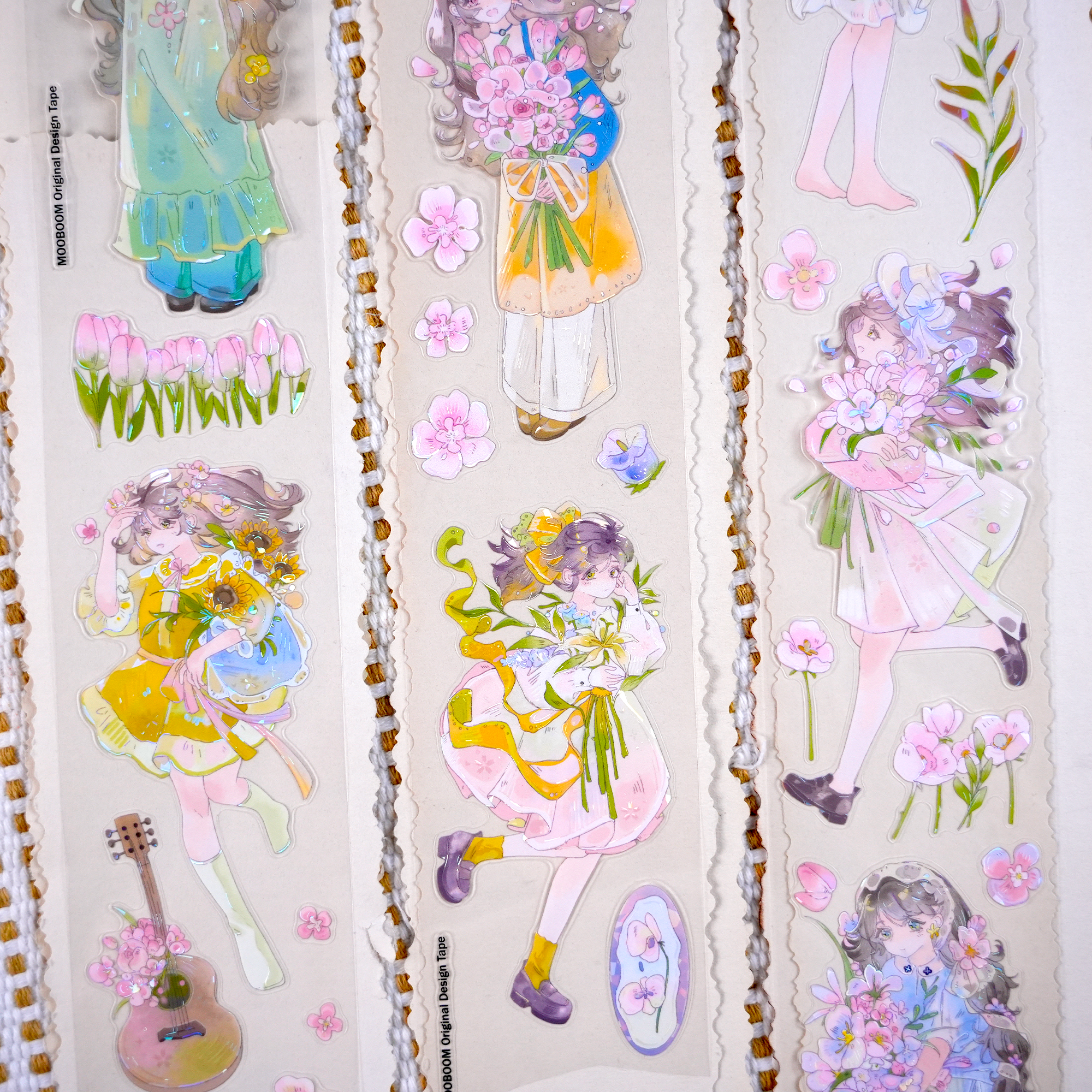 Romantic bouquet girl tape applied to planner page with floral details