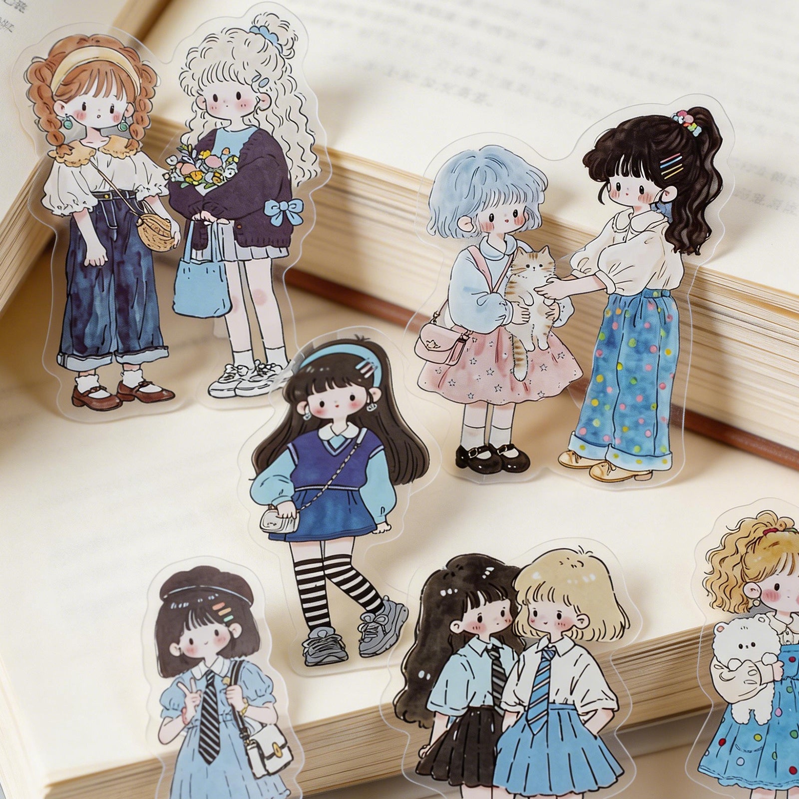 Illustrated girl PET sticker for cozy stationery projects