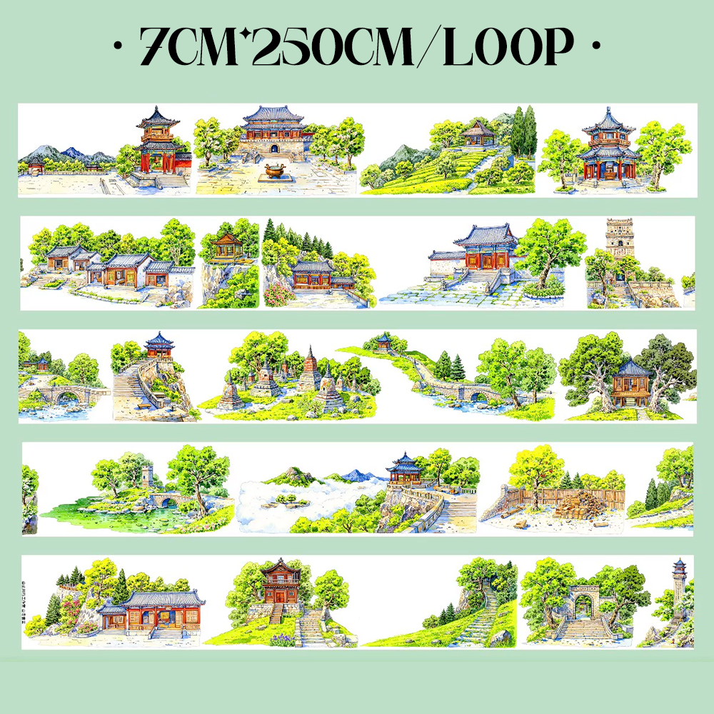 【SZCX】Mountain Temple Landscape PET Tape Scrapbooking For and Journaling