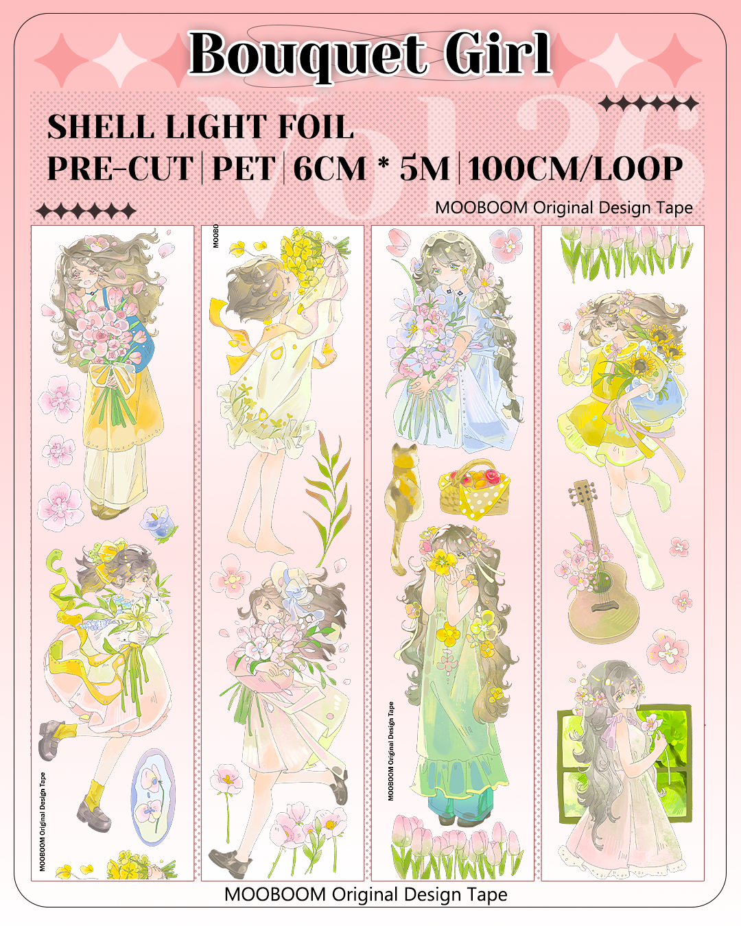 Close-up of floral girl PET tape with subtle shell light foil shimmer