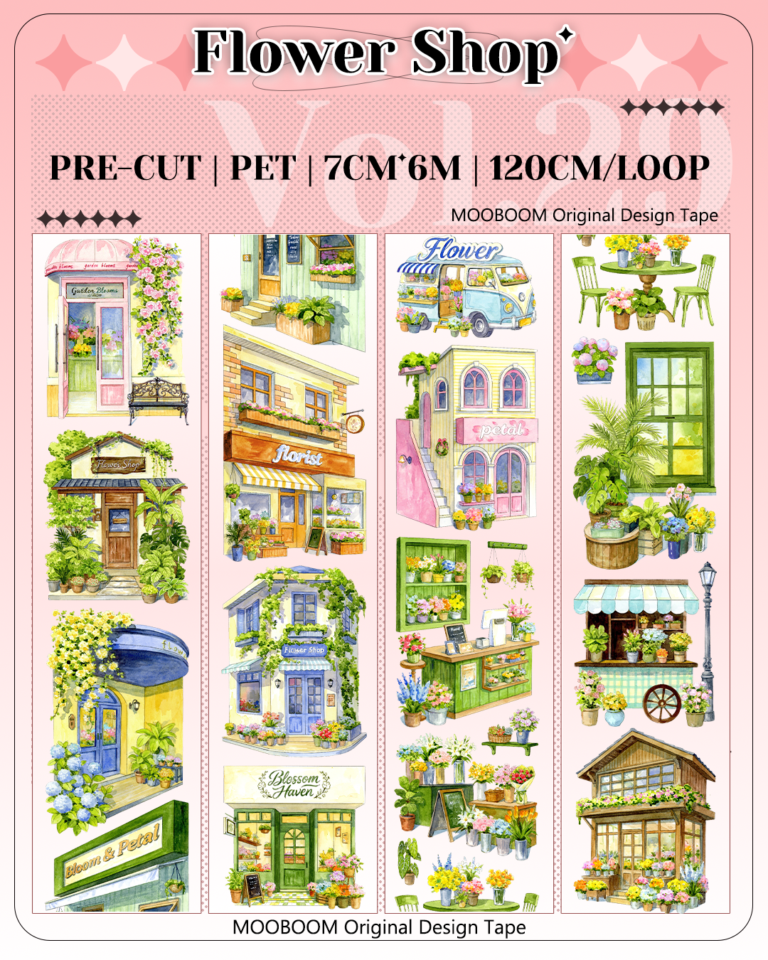 MOOBOOM Flower Shop pre-cut landscape PET tape for journaling
