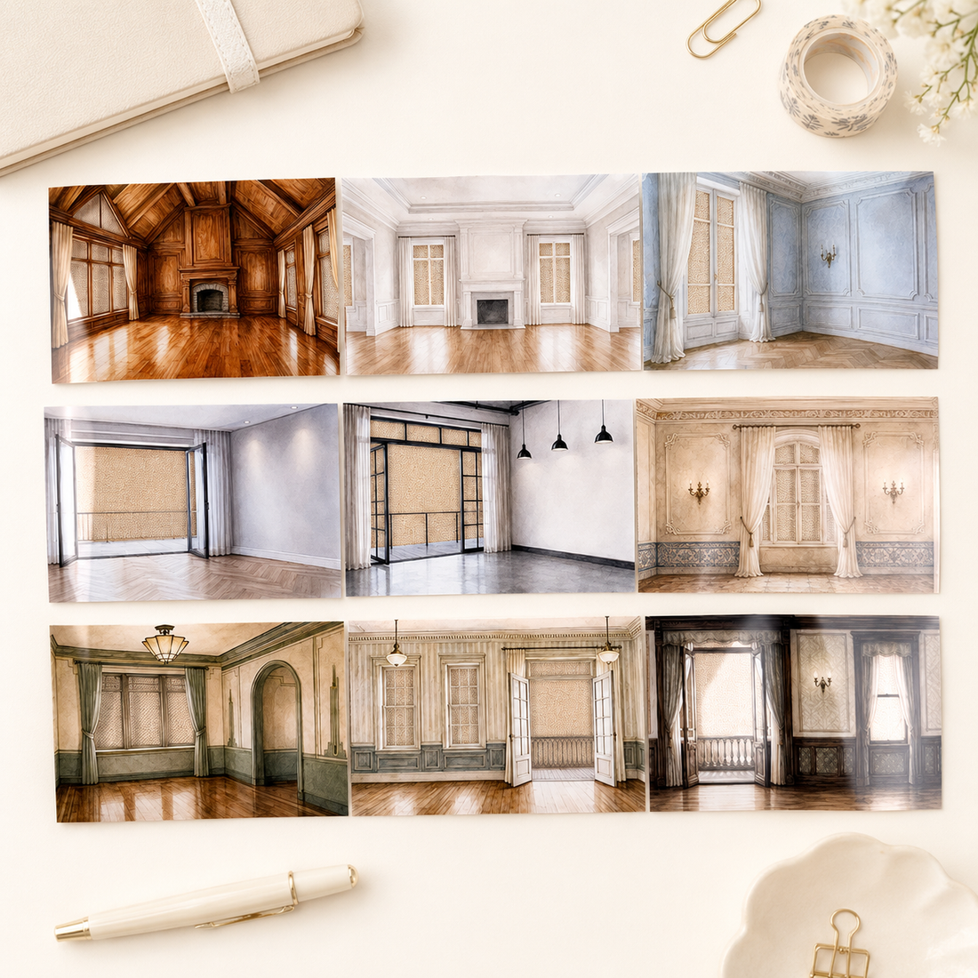 Warm & Cozy Room indoor scene PET tape with watercolor-style interiors, windows, curtains, fireplaces and wood floors