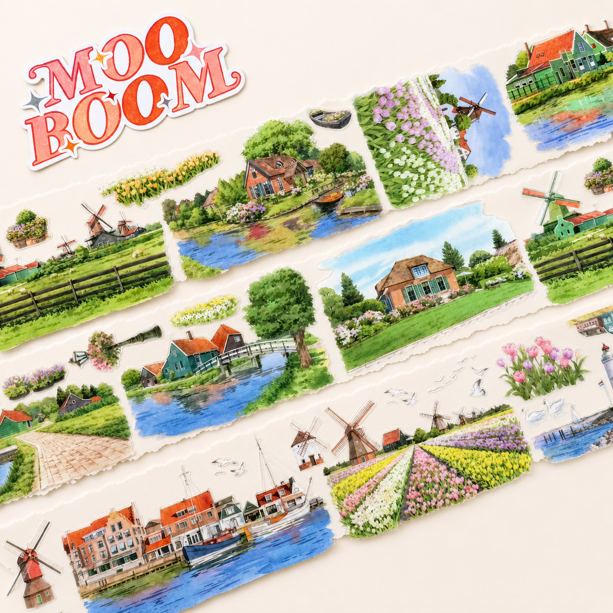 MOOBOOM Dutch windmill textured ink PET landscape tape with flower fields and canals