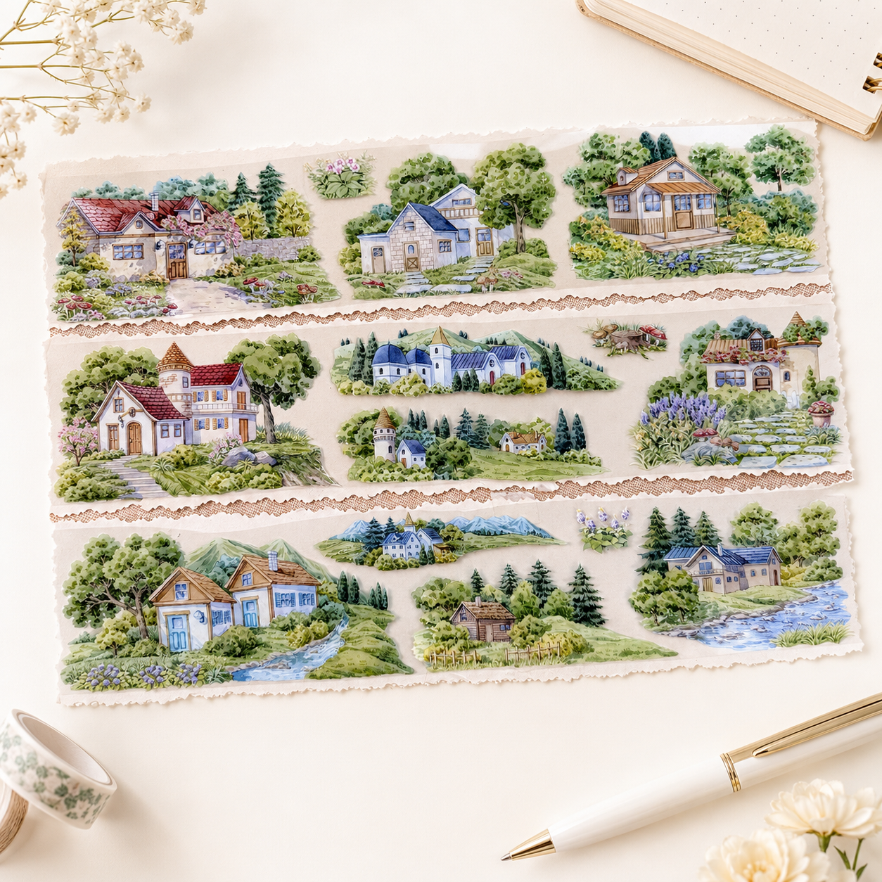 Watercolor mountain cabin tape strips with cottages, pine forests and streams for countryside journaling