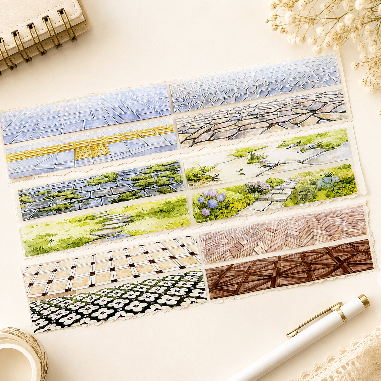 Pre-cut floor tile PET tape strips displayed on journal paper with stone paths, garden tiles and wood floor designs