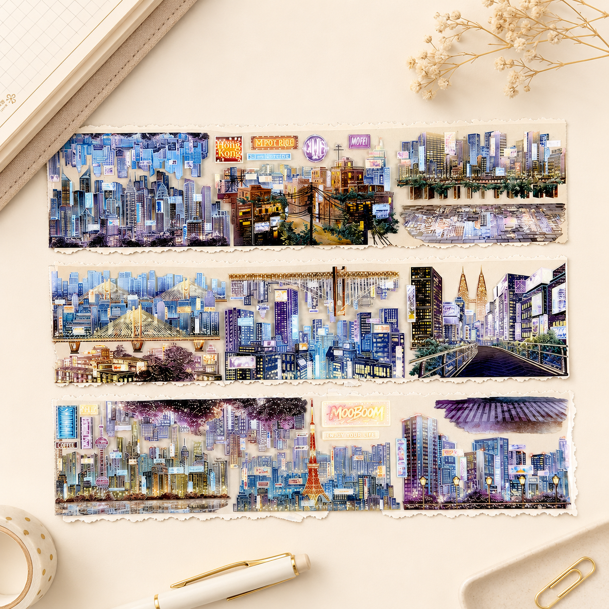 Neon city night landscape tape strips displayed on journal paper for nightscape scrapbooking