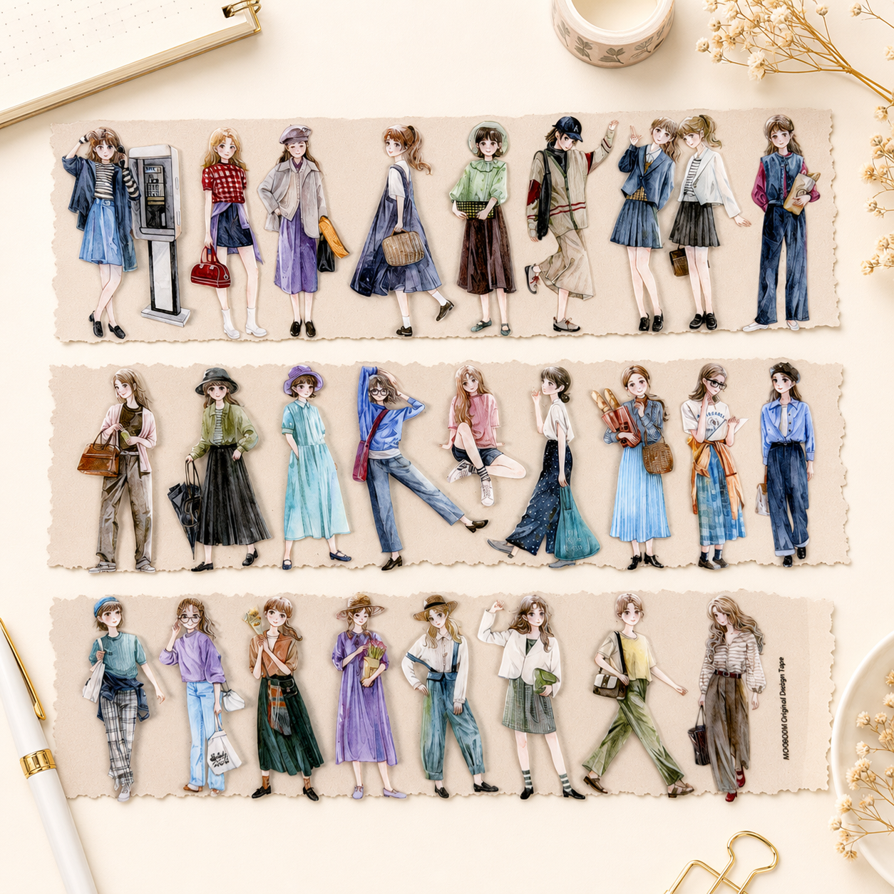 Watercolor city girl character PET tape strips displayed on journal paper with shopping, fashion and daily-life girls