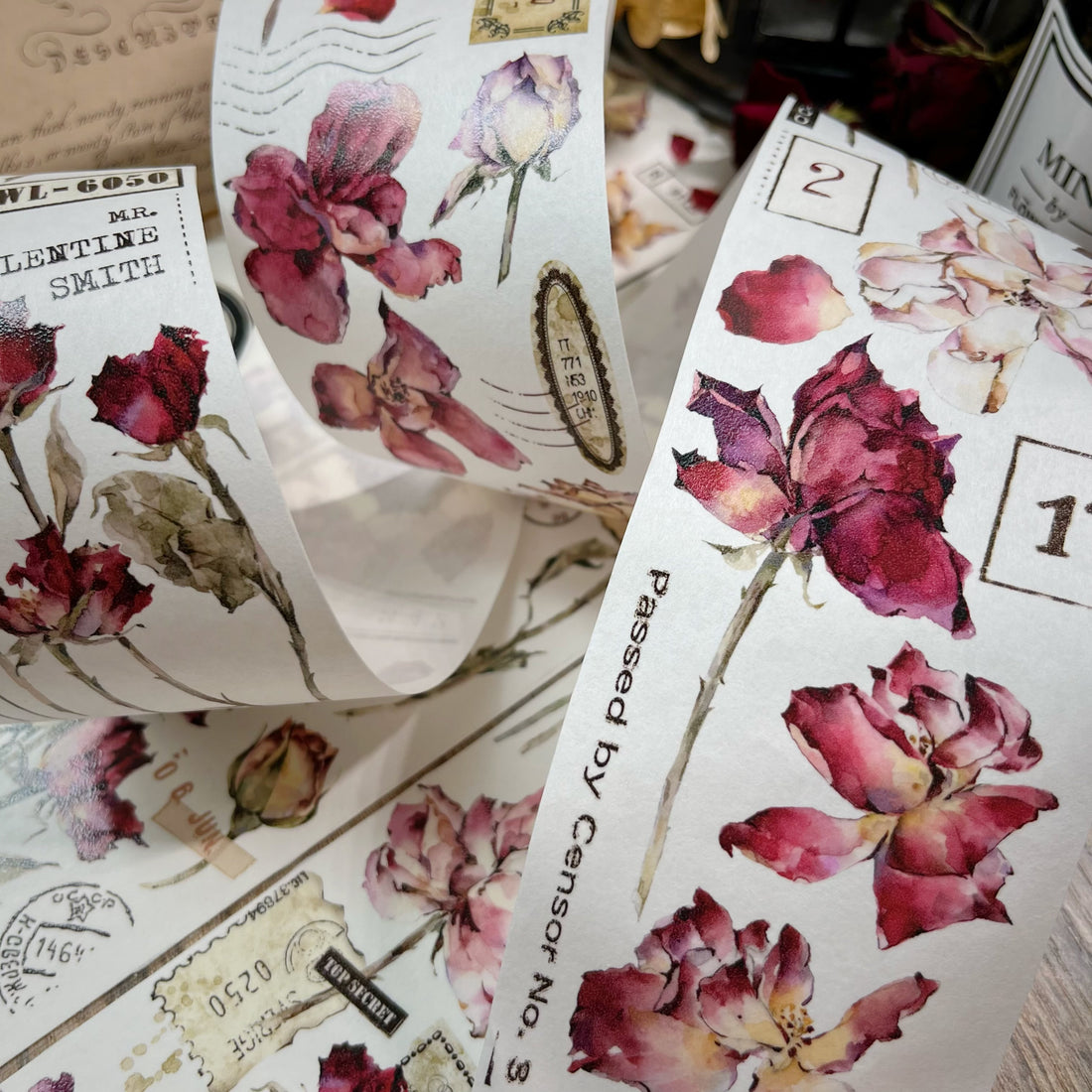 Vintage Red Rose Washi Tape | Vintage Red Rose PET Tape  Beautiful washi tape For bujo & scrapbooking