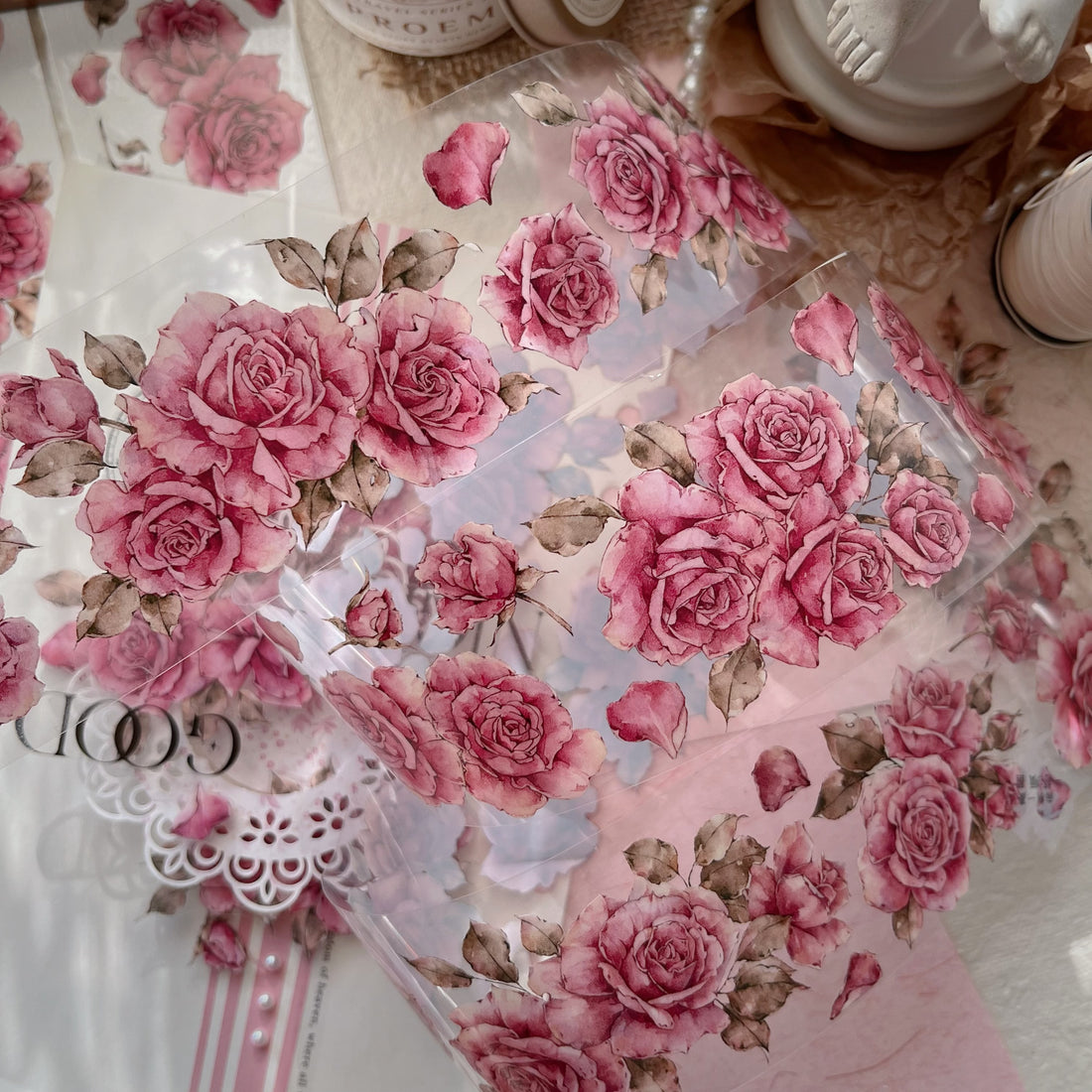Pink Flower PET Tape (5.5cm*100cm） for journaling and scrapbooking