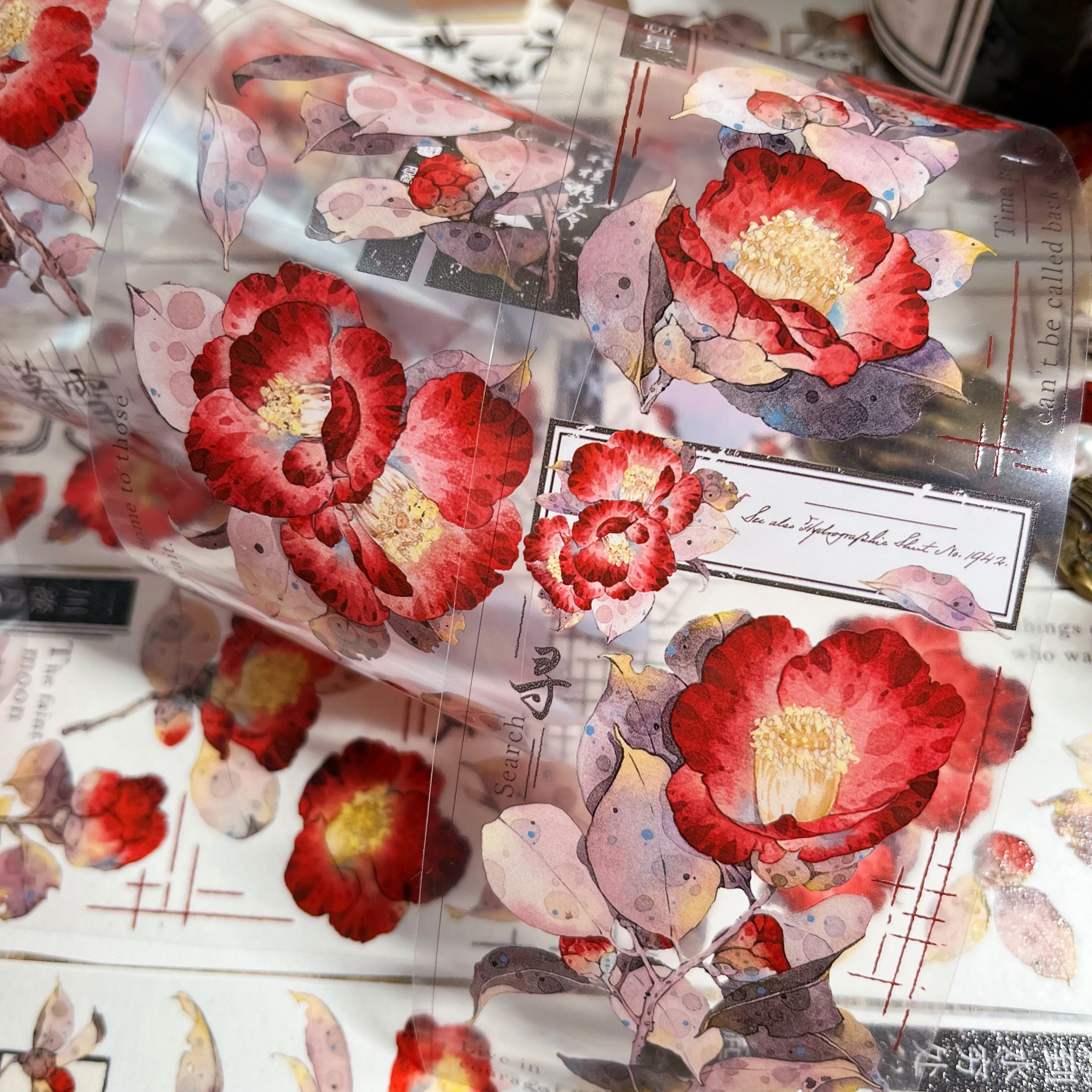 Vintage Camellia Red Flower Tape | Beautiful washi tape For bujo & scrapbooking