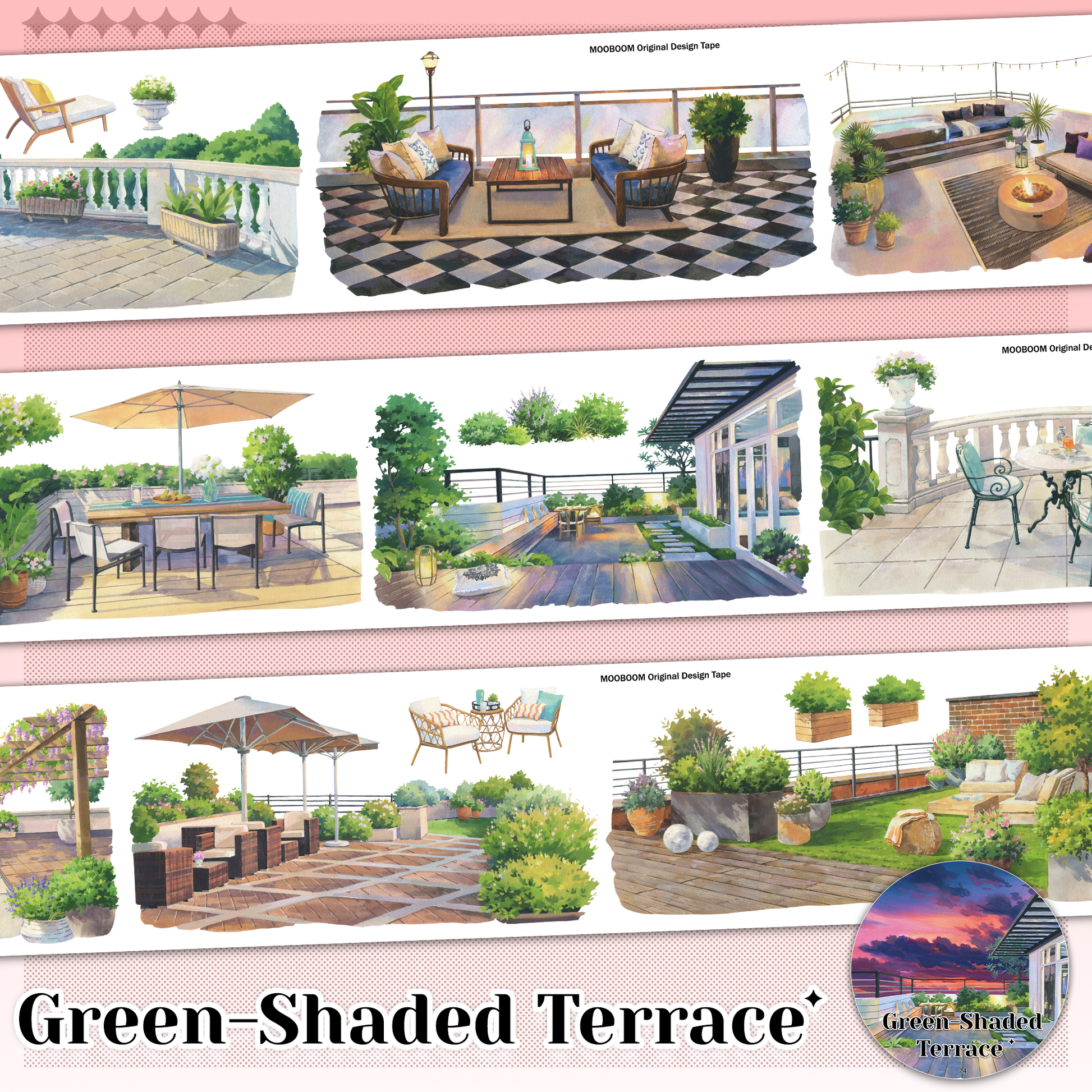 Green shaded terrace pre-cut PET tape for journaling and scrapbooking