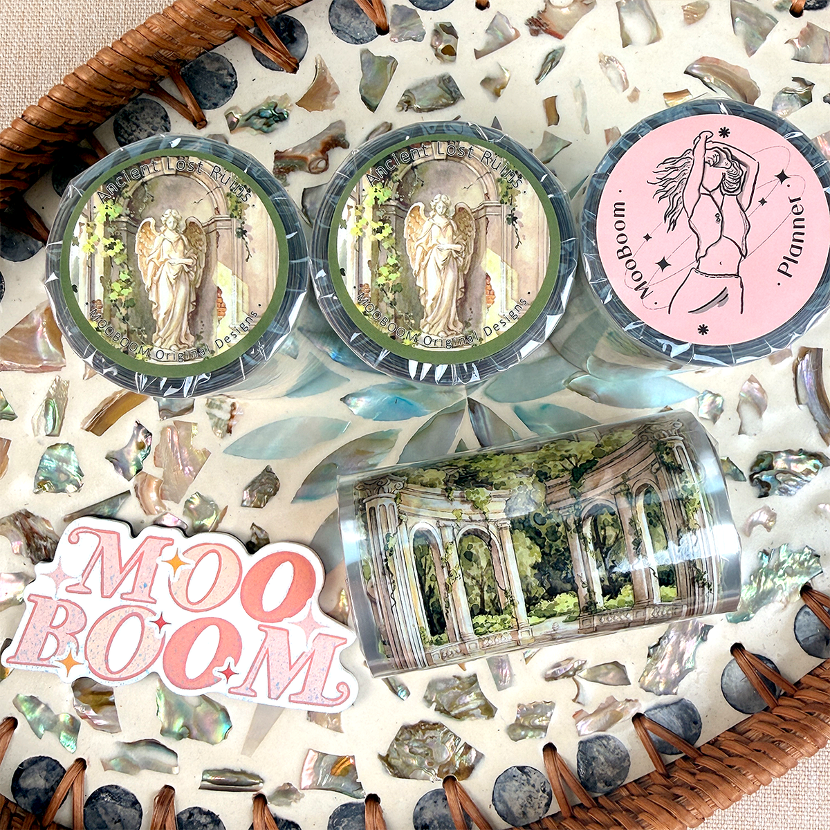 MOOBOOM Ancient Lost Ruins pre-cut PET tape featuring classical statues, stone arches, fountains and overgrown ruins