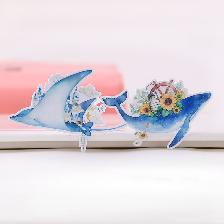 blue whale with flower stickers