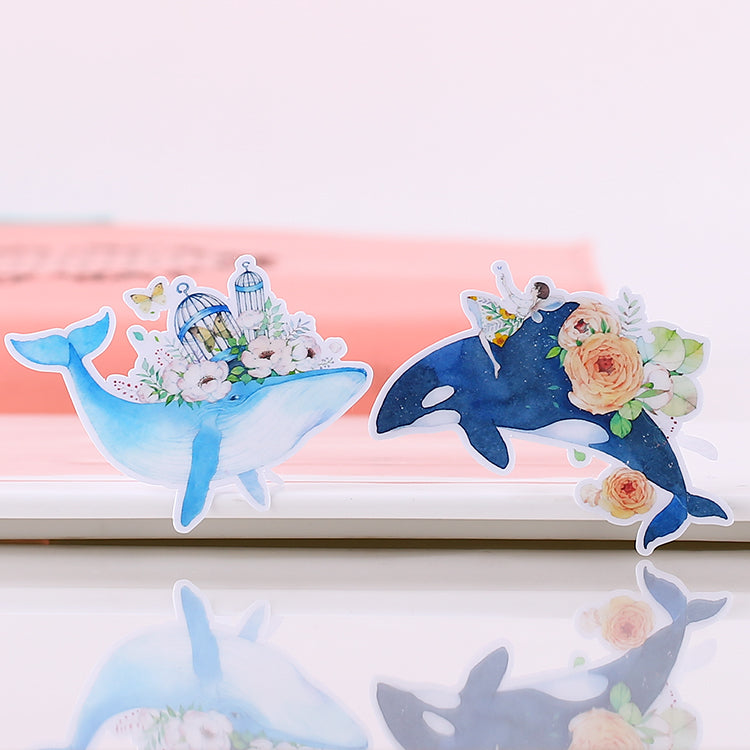 blue whale with flower stickers