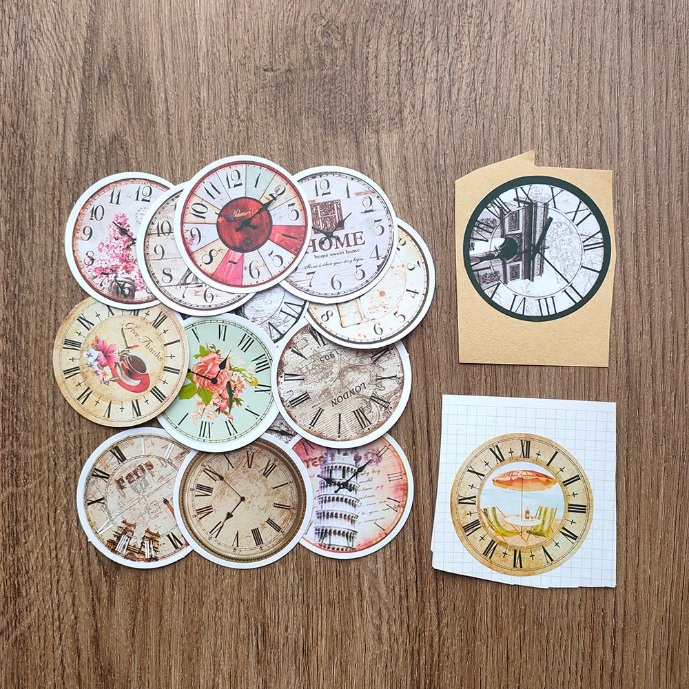 vintage clock face round sticker on white grid paper and kraft paper