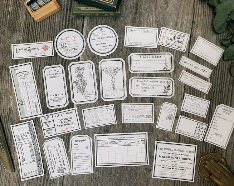 vintage black and white tag stickers